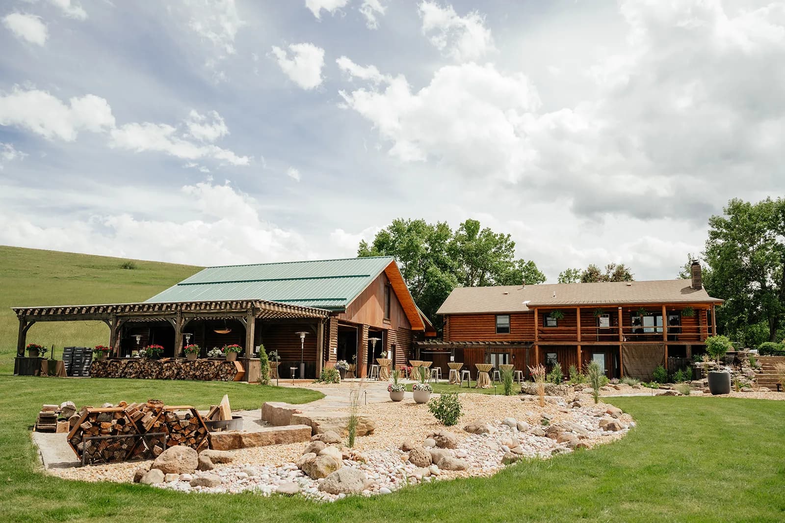 Exterior view of the Event Lodge campus and outdoor seating