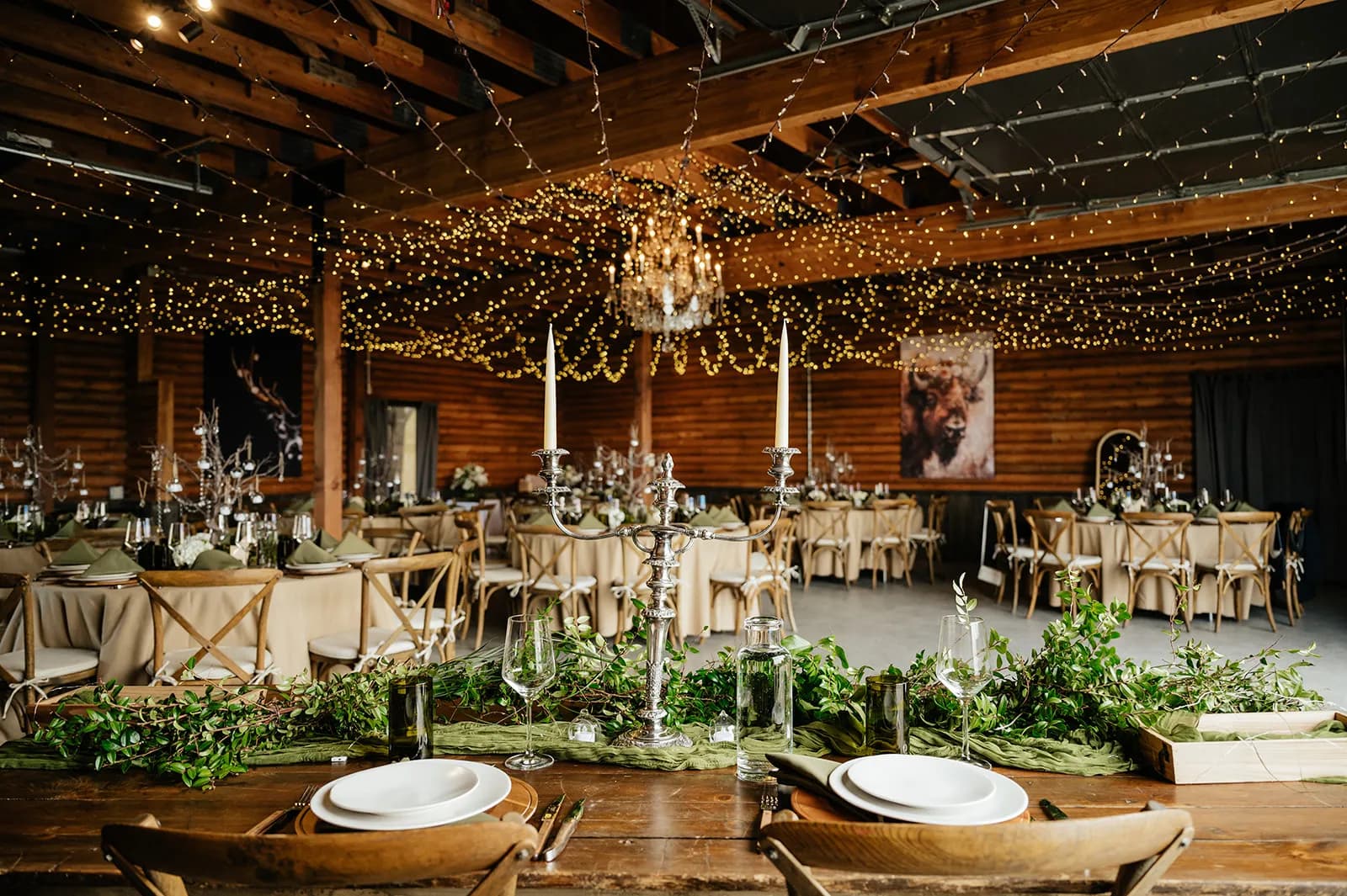 Indoor wedding reception setup at Big Vista Ranch in Bozeman